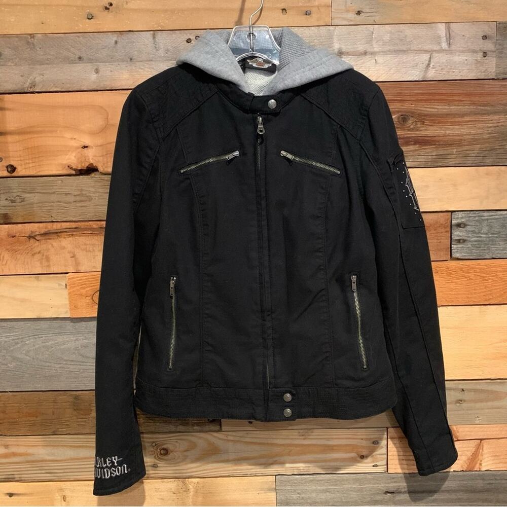 Harley-Davidson 3in1 Hoodie Lined Moto Jacket With Rivet Logo Detail Black Sz S - Picture 2 of 16